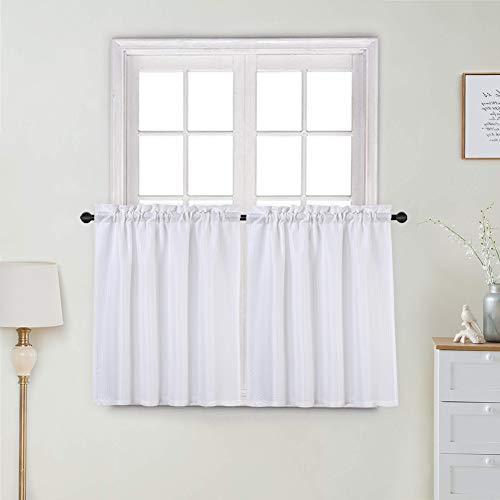 Haperlare White Tier Curtains, Waffle Woven Textured Kitchen Curtains Cafe Curtains, Waterproof Rod Pocket Half Window Treatment Curtains for Bathroom, 30" x 24", White, Set of 2