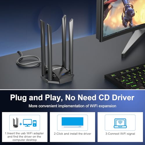 NEWFAST 1300Mbps USB WiFi Adapter for Laptop/PC Dual Band WiFi Dongle for Win 11/10/8/8.1/7, 4x 6dBi High Gain Antennas, Wireless Network USB3.0 Wireless Adapter, 802.11ac/b/g/n