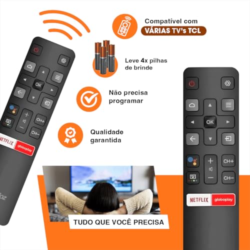 Kit 2 Controle Remoto Para Tv Tcl 4k Smart Android Teclas Netflix Globoplay GooglePlay Semp Tcl 32S6500S 40S6500FS 43S600FS 43 50 55 Polegadas Led Lcd Hd Uhd Oled e Qled Marca Enveloz