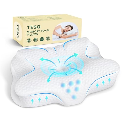 TESQ Ergonomic 2-in-1 Cervical Pillow in Memory Shape Pillow, Superior Comfort for Side and Back Sleepers, Adjustable Height, 50% Nylon 50% Washable Polyester, 60 x 40 x 9/12 cm