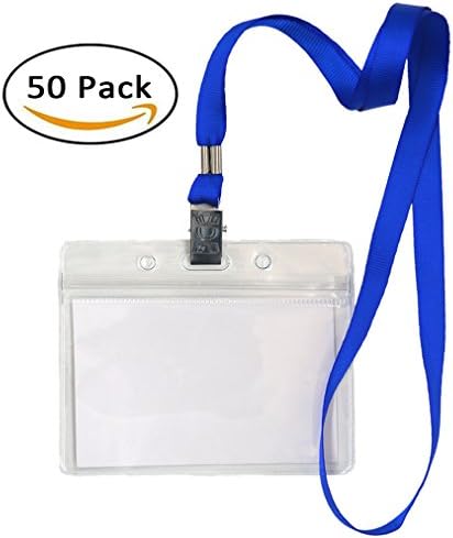 Aobear 50 pcs Top Quality Waterproof Transparent Horizontal Name Tag id badges and 50 pcs lanyards (Blue)
