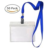 Aobear 50 pcs Top Quality Waterproof Transparent Horizontal Name Tag id badges and 50 pcs lanyards (Blue)
