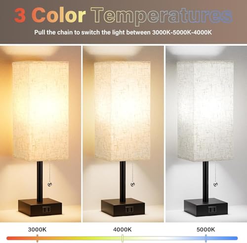 Bedside Table Lamps, Set of 2 - Small Rectangular Nightstand Lamp with AC Outlet Charging Port, 3 Color Temperatures Desk Light with Bulb, Tabletop Reading Lamp for Living Room, Dorm, Office