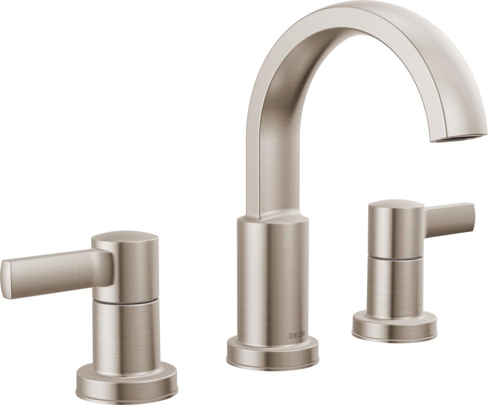 Photo 1 of Delta Albion Brushed Nickel Bathroom Faucet 3 Hole, 8 Inch Widespread Bathroom Sink Faucet for Vanity, Metal Push-Pop Drain Assembly, SpotShield Brushed Nickel 35855LF-SP