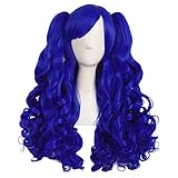 MapofBeauty 28 Inch/70cm Lolita Long Curly 2 Ponytails Clip on Cosplay Wig (Navy Blue)