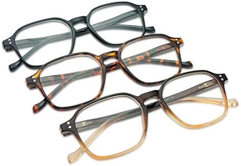 3 Value Pack Reading Glasses for Men & Women Vintage Square Hexagon Spring Hinges Two-Tone Colored Frames Assorted Rx Power Strengths +1.00 - +4.00 (Black, Tortoise, Brown, 1.00)