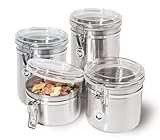 Oggi 4-Piece Stainless Steel Canister Set with Acrylic Lid and Clamp-Set Includes 1 each: 26oz, 36oz, 47oz, 62oz.