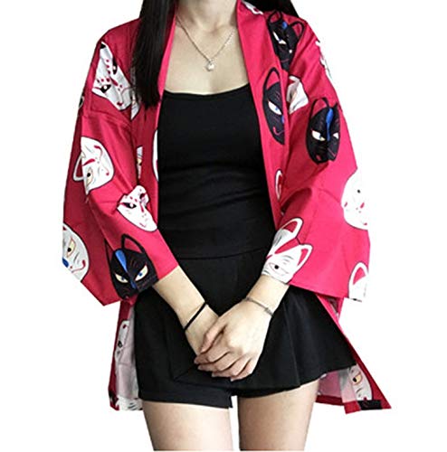 Japanese Kimono Printed Bat Sleeve Loose Cardigan Sun Protection Cosplay Costumes Black/Red,Red,One Size