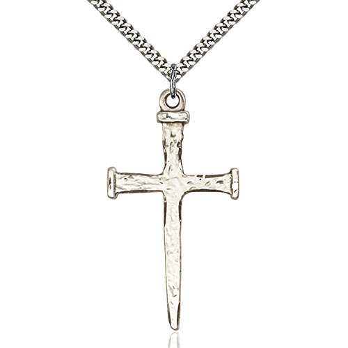 Sterling Silver Nail Cross Pendant 2 x 1 inches with Heavy Curb Chain