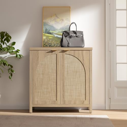SICOTAS 34'' W Rattan Sideboard Buffet Cabinet with Storage, Boho Buffet Cuisine Arched Coffee Bar Accent Cabinet, Large Credenza Mid-Century Modern Buffet Table TV Stand for Living Room, Entryway
