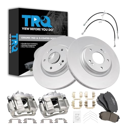 TRQ Front Brake Pad and Rotor Set Ceramic Coated Rotors Calipers Hoses Compatib…