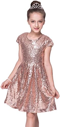 Aokaixin Jewel Neck Cap Sleeves Knee Length Sequins Flower Girls Dresses Rose Gold US8