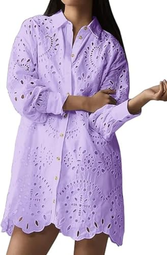 utcoco Women's Embroidered Eyelet Lace Shirt Dresses Button Down Shirts Casual Loose Fit Mini Dress (Medium, Purple) at Amazon