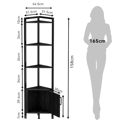 GARUISKY Estante Esquinero con Puertas y Luz LED, Librero de 5 Niveles con Estantes, Organizador de Estantes de 1.6m de Alto, Ideal para Esquinero para Sala, Dormitorio, Oficina (Negro)