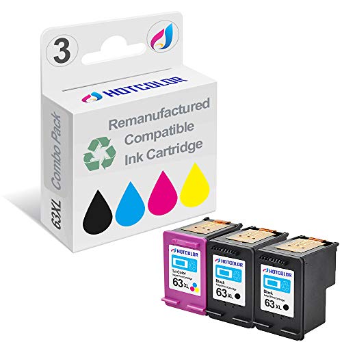 HOTCOLOR Remanufactured Ink Cartridge Replacement for HP 63XL F6U64AN F6U63AN High Yield High Capacity Work with HP DeskJet 2130 3630 Printer (2 Black 1 Color