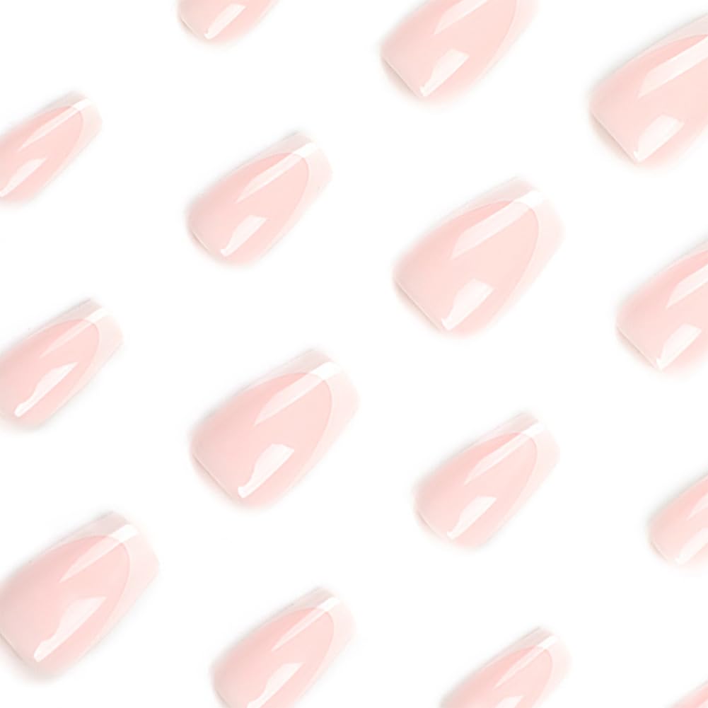 Medium Press on Nails Square Fake Nails, Glue on Nails Medium False Nails with White French Tip Nails Gloss Press ons Designs Acrylic Nails Press on Artificial Nails Stick on Nails For Women 24Pcs - Image 2