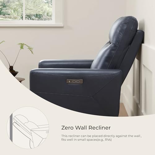 CHITA Genuine Leather Power Recliner Chair for Adults, Electric Wall Hugger Recliner for Small Spaces, Modern Living Room and RV Recliner Chair with Power Headrest & Charging Ports, Dark Blue