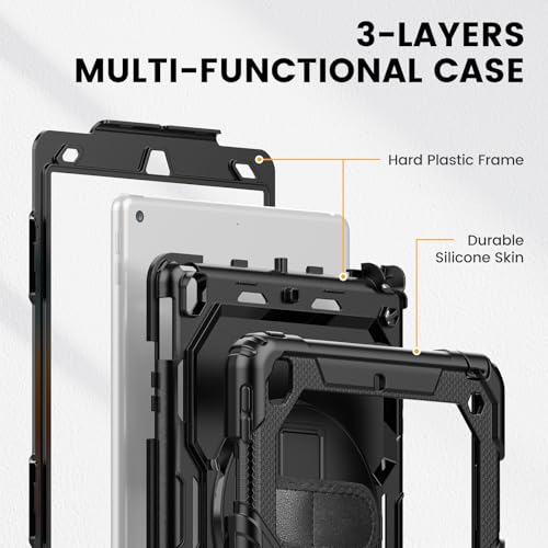 Timecity Case for iPad 9th/8th/7th Generation 10.2 '', Shockproof Rugged case with Screen Protector & 360° Rotating Stand Pen Holder Hand/Shoulder Strap for iPad 10.2 inch Case 2021/2020/2019 -Black