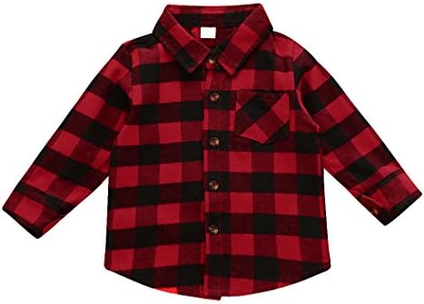 MIOIM Baby Boys Girls Long Sleeves Button Down Plaid Shirt Red Black Plaid Tops Blouse (1T-6T)