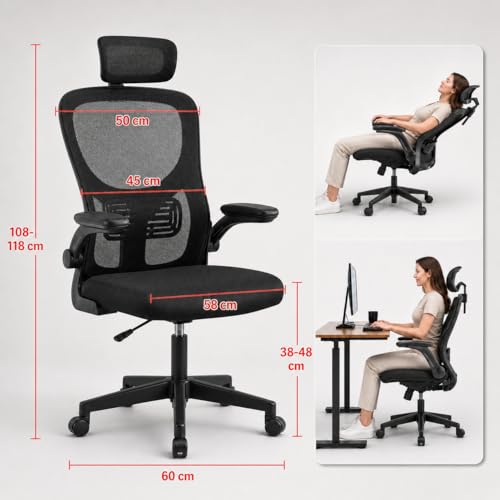 Cadeira de Escritório Ergonômica Preta com Suporte Lombar Independente, Encosto em Malha Respirável, Apoio de Cabeça Ajustável, Altura Regulável, Giratória 360°, Conforto para Home Office e Trabalho