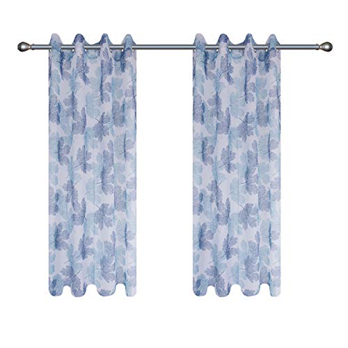 WELLYOUNG Blue Tulle 52" inch x 63" inch Printed Sheer Curtains Window Voile with Leaf Pattern Panels for Bedroom & Balcony, Set of 2