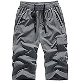 LNWUY Men's Solid Long Linen Shorts Linen Capri Pants Casual Summer Drawstring Beach Shorts Below Knee Length Gym Yoga Pants White M - View #11