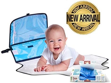 Portable Diaper Changing Pad Station Cushioned Mat with Pockets & Pillow Set – Convenient & Easy to Clean Travel Kit + 50 Ct. Disposable Scented Diaper Bags Pack of 50 Count Sacks Baby Powder Scent