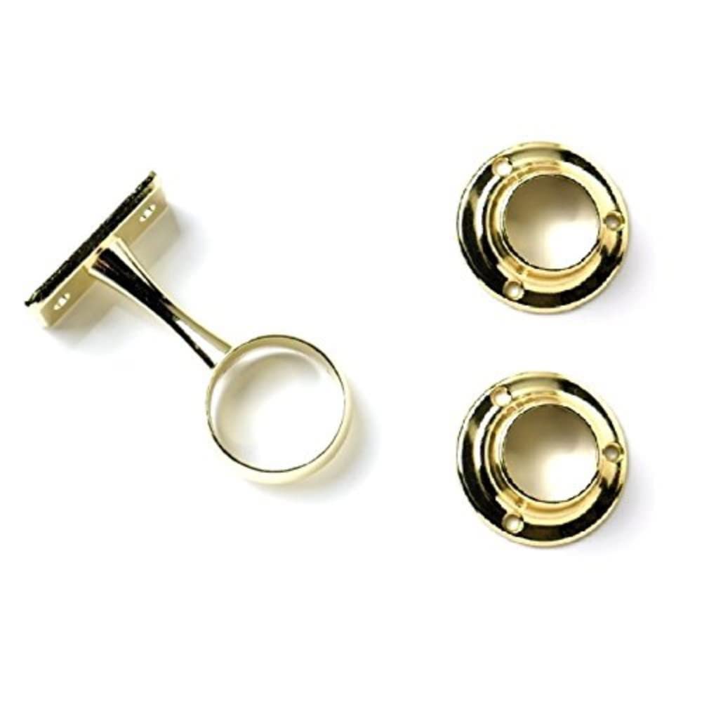 Merriway BH04414 (3 Pcs) EB Brass Plated Centre Wardrobe Rail Support KIt, 19 mm (3/4 inch) - Pack of 1 x Centre Support Bracket and 2 End Sockets