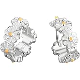 Daisy Small Hoops Earrings Sterling Silver Plated for Women Girls Mini Tiny Cute Cartilage Round Huggie Wedding Earring Lucky Sunflower Sleeper Jewelry Gifts Valentine's Day Bff Birthday Graduation