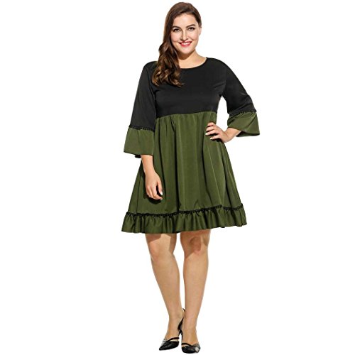 POGTMM Women's Casual O-Neck 3 4 Sleeve Patchwork Pleated Plus Size 4X Backless Loose Dress (4XL, Army Green)