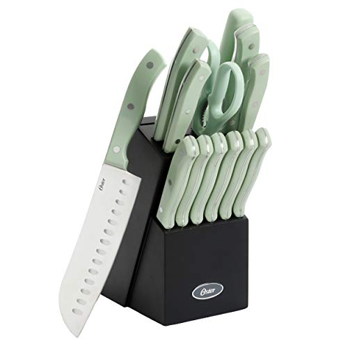 Oster Evansville High-Carbon Stainless Steel Cutlery Knife Block Set,  14-Piece, Mint Green/Black