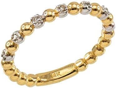 Fine 10k Two-Tone White and Yellow Gold Beaded Stackable Ring with Natural Diamonds