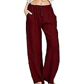 utcoco Women's Cotton Linen Drawstring High Waisted Pants Casual Loose Fit Wide Leg Trousers