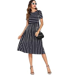 floerns rayas de la mujer bolsillos de manga larga Midi Vestido