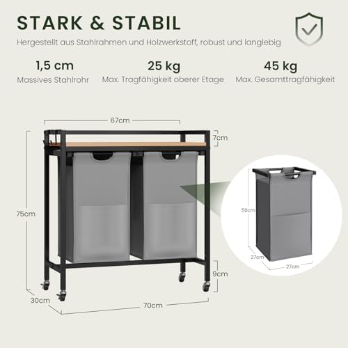 Wäschekorb 2 Fächer, jedes 40 L, Wäschesammler ausziehbar abnehmbar, Oxford-Stoff-Wäschesack, Wäschewagen mit Rollen Ablage, Haken, Metallrahmen, Schlafzimmer Waschküche, 70x71x30 cm