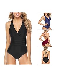 Aibrou Trajes de baño de una pieza para dama con control de barriga, monokini, traje de baño para dama sin espalda, cuello en V, traje de baño S-XXL