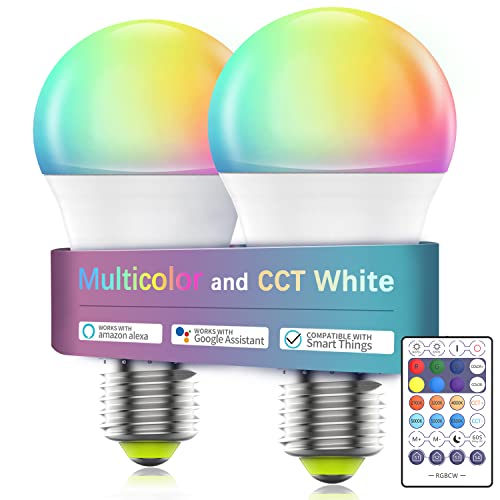 Smart Light Bulbs with Remote, RGBCW Color Changing LED WiFi Bulbs, Dimmable Smart Bulb Works with Alexa Google Home Siri Shortcut, A19 E26 9w 60W Equivalent, No Hub Required 2 Pack