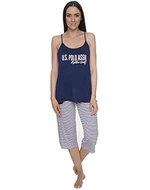 Women's 2 Piece Racerback Tank and Striped Capri Pant Pajama Sleepwear Set