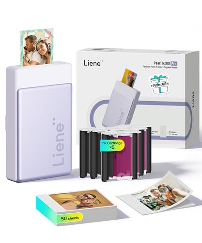 Liene Pearl N200 Pro Portable Mini Photo Printer with Dye Sublimation - Includes 50 Self-Adhesive Photos (2x3") & 5 Ribbons Bluetooth 300dpi Instant Print Printer for iPhone & Android Battery - Purple