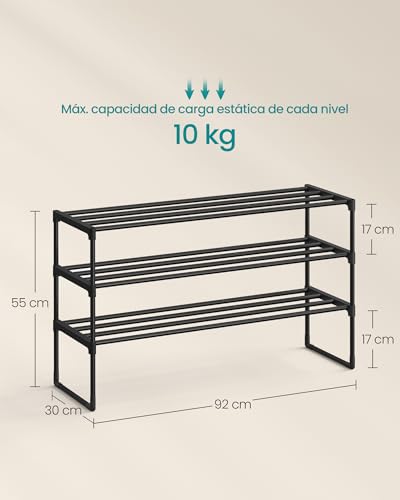 SONGMICS Zapatero Organizador de 3 Niveles, Estantería de Metal, Estantería de Zapatos, para 12 a 15 Pares, Estante Apilable, Negro MLSA303B02