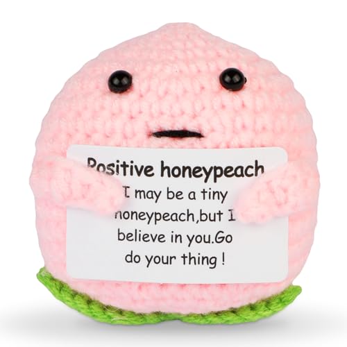 Hoedia Handmade Emotional Pickle Gift, Emotional Cucumber Crochet Doll Inspirational Gifts with Cards, Cute Knitted Funny Support Pickle Potato Friend Birthday (Positive Honey Peach)