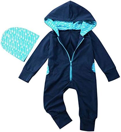 ZNINGCK Toddler Baby Boy Splice Long Sleeve Hooded Romper Jumpsuit Playsuit Outfits Clothing (Navy, 12-18 Months)