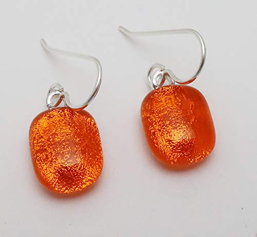 Petite bright tangerine orange fused dichroic glass drop earrings Sterling silver ear wires