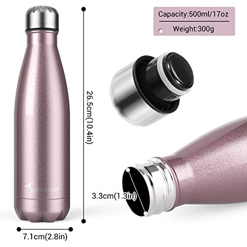 Sportneer Botella de Agua, Botella Doble Pared Aislada al Vacío de Acero Inoxidable, Botella de Agua, BONOS Cepillo de Limpieza y Funda de Botella (Oro Rosa, 500ml)