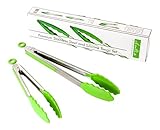 Dishwasher Safe Tongs Set. A Beautiful 2 Piece Set Stainless Steel And Silicone Green Comes In 9” And 12”. Strong, Comfortable Grip, Light Weight Kitchen Utensils