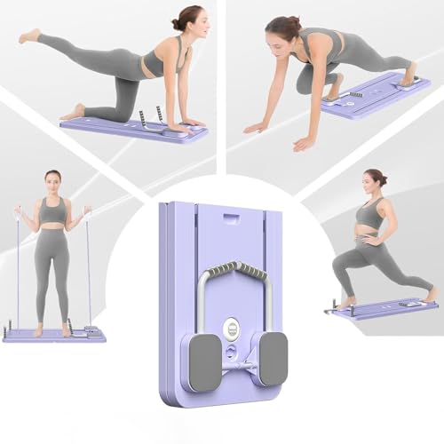 Foldable Pilates Reformer Set, New Upgraded 6 in1 Reformer Pilates Machine with Mobile Phone Holder, Multi-Purpose Pilates Board Abdominal Exercise Board for Home Workout (Purple)