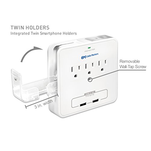 Cable Matters 3-Outlet Wall Mount Surge Protector with USB Charging and Slide-Out Smartphone Holders