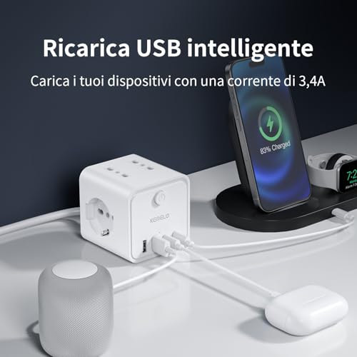 Power Strip with 4 Universal Sockets 10/16A ITA and Schuko, 5 m Electrical Extension Cable with 2 USB A+2 USB C, Multiple Plug Flat Space-Saving with Switches for Home, Office, Black