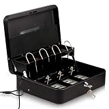 Cash Box- Money Box with Money Tray- Safe Metal Lock Box- Locking Boxes with Key- Large Storage Lockbox with Safety Holder- Money Saving Organizer- Security Box with Coin Tray Lid