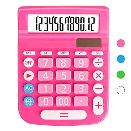 Calculators Desktop, Large Display Big Button, Solar and Battery Dual Power, 12 Digit Small Basic Standard Functional Calculator Cute for Office, Home, School (Pink)